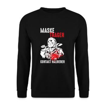 Maske tragen und Kontakte halbieren - Unisex Pullover - Schwarz - Vorne - Alina (178cm) & Michal (187cm)