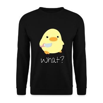 Was? Ente mit Messer Meme Küken Dank Süßes Tier - Unisex Pullover - Schwarz - Vorne - Alina (178cm) & Michal (187cm)