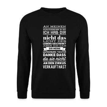 Schwiegersohn witziger Spruch - Unisex Pullover - Schwarz - Vorne - Alina (178cm) & Michal (187cm)