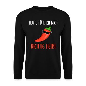 Chili Peperoni Spruch heiß lustige Geschenkidee - Unisex Pullover - Schwarz - Vorne - Alina (178cm) & Michal (187cm)