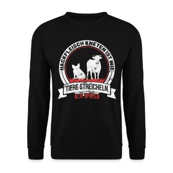 Hackfleisch Kneten ist wie Tiere streicheln - Unisex Pullover - Schwarz - Vorne - Alina (178cm) & Michal (187cm)