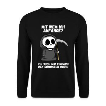 Dumm dümmer am dümmsten Tod Reaper Spruch Geschenk - Unisex Pullover - Schwarz - Vorne - Alina (178cm) & Michal (187cm)