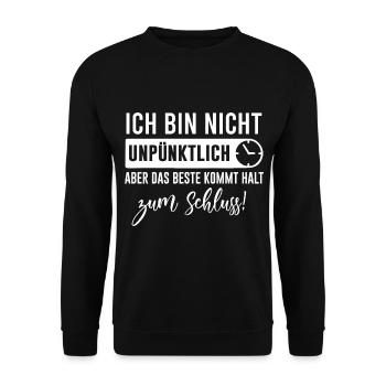 Unpünktlich Pünktlichkeit lustiger Spruch Geschenk - Unisex Pullover - Schwarz - Vorne - Alina (178cm) & Michal (187cm)