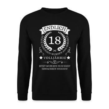 Endlich 18 Jahre 18. Geburtstag 2003 - Unisex Pullover - Schwarz - Vorne - Alina (178cm) & Michal (187cm)