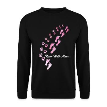 Hunde Design mit “ Never Walk Alone “ Hunde Motiv - Unisex Pullover - Schwarz - Vorne - Alina (178cm) & Michal (187cm)