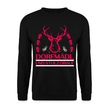 Dorfmädl Dorfmadl Dorfkinder Mit Hirsch - Unisex Pullover - Schwarz - Vorne - Alina (178cm) & Michal (187cm)