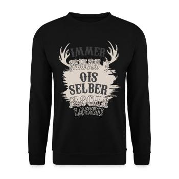 Tracht Lederhose Ois selber mocha Hirsch - Unisex Pullover - Schwarz - Vorne - Alina (178cm) & Michal (187cm)