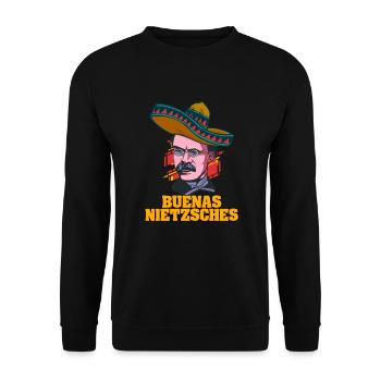 Buenas Nietzsches Motiv für einen Philosophen - Unisex Pullover - Schwarz - Vorne - Alina (178cm) & Michal (187cm)