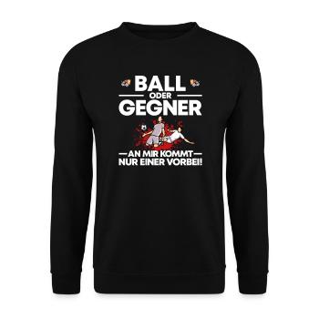 Fußball Abwehrspieler Verteidiger Geschenk - Unisex Pullover - Schwarz - Vorne - Alina (178cm) & Michal (187cm)