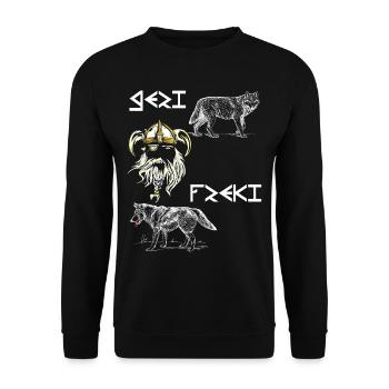 Odin mit Geri und Freki, Wikinger - Unisex Pullover - Schwarz - Vorne - Alina (178cm) & Michal (187cm)