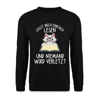 Leseratte Katze Katzen Buch Bücher Kätzchen Spruch - Unisex Pullover - Schwarz - Vorne - Alina (178cm) & Michal (187cm)