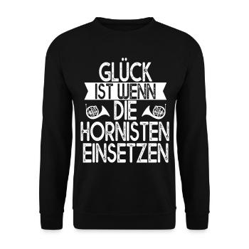 Horn Musik Hornist Waldhornspieler Hornisten - Unisex Pullover - Schwarz - Vorne - Alina (178cm) & Michal (187cm)