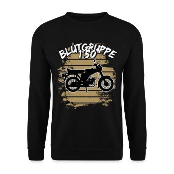 Blutgruppe 1:50 Ostalgie Moped Motorrad DDR Simmi - Unisex Pullover - Schwarz - Vorne - Alina (178cm) & Michal (187cm)