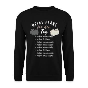 Tagesplan für Katzenbesitzer mit flauschiger Katze - Unisex Pullover - Schwarz - Vorne - Alina (178cm) & Michal (187cm)