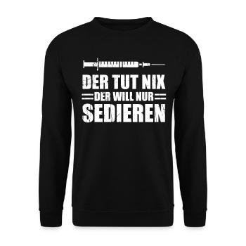 Anästhesisten Spruch DER TUT NIX DER WILL NUR - Unisex Pullover - Schwarz - Vorne - Alina (178cm) & Michal (187cm)