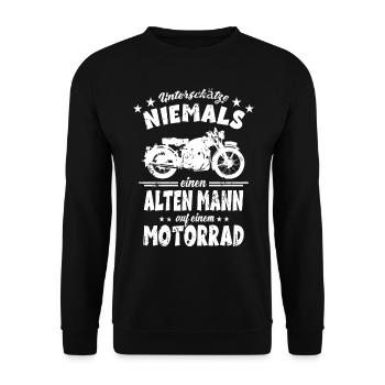 Alten Mann auf einem Motorrad - Motorradfahrer - Unisex Pullover - Schwarz - Vorne - Alina (178cm) & Michal (187cm)