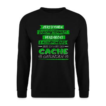 Lustiger Spruch Cache gefunden Geocaching - Unisex Pullover - Schwarz - Vorne - Alina (178cm) & Michal (187cm)