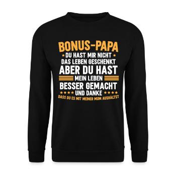 Bonus Papa Stiefvater Geschenk Pflegevater - Unisex Pullover - Schwarz - Vorne - Alina (178cm) & Michal (187cm)
