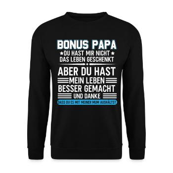 Bonus Papa Stiefvater Geschenk Pflegevater - Unisex Pullover - Schwarz - Vorne - Alina (178cm) & Michal (187cm)