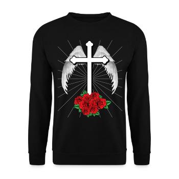 Himmlisches Kreuz Kreuze Jesus Gott Engelsflügel - Unisex Pullover - Schwarz - Vorne - Alina (178cm) & Michal (187cm)