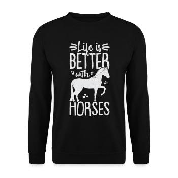 Das Leben Ist Besser Mit Pferden - Unisex Pullover - Schwarz - Vorne - Alina (178cm) & Michal (187cm)