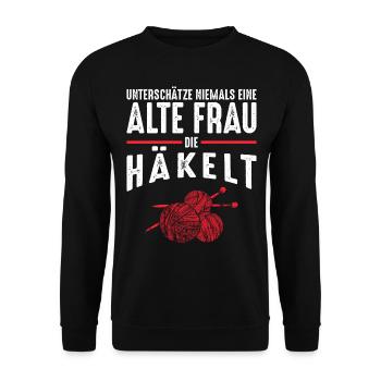 Alte Frau - Häkeln | Vintage Retro Style - Unisex Pullover - Schwarz - Vorne - Alina (178cm) & Michal (187cm)
