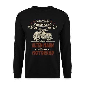 Alten Mann auf einem Motorrad - Opa Motorradfahrer - Unisex Pullover - Schwarz - Vorne - Alina (178cm) & Michal (187cm)