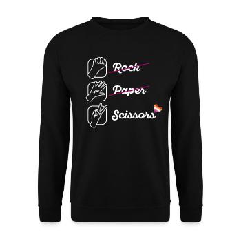 LGBTQ Lesbisch Schere Stein Papier Geschenk - Unisex Pullover - Schwarz - Vorne - Alina (178cm) & Michal (187cm)