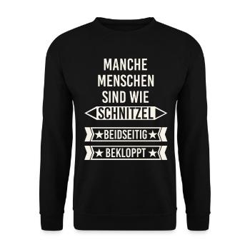 Menschen sind wie Schnitzel - beidseitig bekloppt - Unisex Pullover - Schwarz - Vorne - Alina (178cm) & Michal (187cm)
