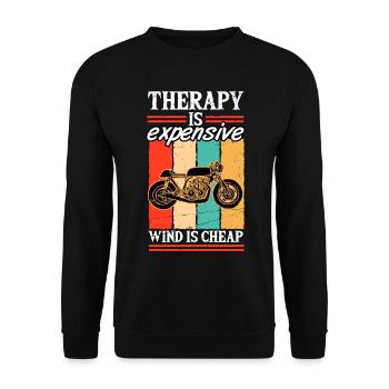 Therapy is expensive Wind is Cheap Motorradfahrer - Unisex Pullover - Schwarz - Vorne - Alina (178cm) & Michal (187cm)