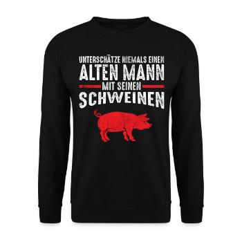 Alter Mann - Schweine | Vintage Retro Style - Unisex Pullover - Schwarz - Vorne - Alina (178cm) & Michal (187cm)