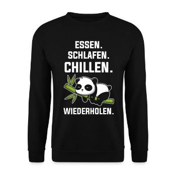 Essen Schlafen Chillen Wiederholen Panda Pandabär - Unisex Pullover - Schwarz - Vorne - Alina (178cm) & Michal (187cm)