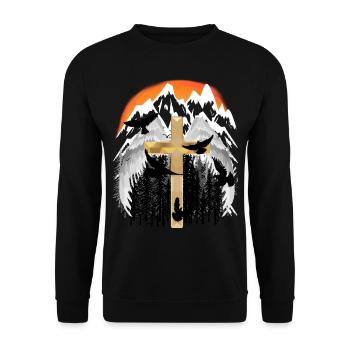 Kreuz Gebirge Berge Gipfel Trauer Tod Jesus Gott - Unisex Pullover - Schwarz - Vorne - Alina (178cm) & Michal (187cm)