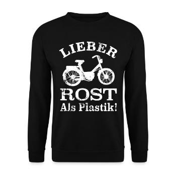 Mofa Fahrer Oldtimer Moped Lieber Rost als Plastik - Unisex Pullover - Schwarz - Vorne - Alina (178cm) & Michal (187cm)
