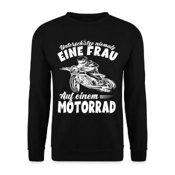 Frau auf einem Motorrad - Bikerin Motorradfahrerin - Unisex Pullover - Schwarz - Vorne - Alina (178cm) & Michal (187cm)