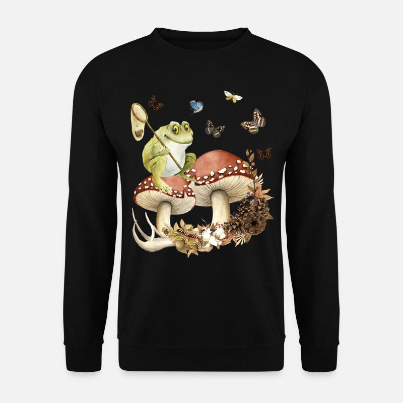 Aesthetic Frosch auf Pilzen Schmetterlinge Natur - Unisex Pullover - Schwarz