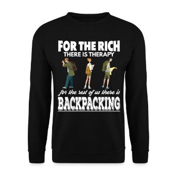 Reiche haben Therapie Wir sind Backpacker - Unisex Pullover - Schwarz - Vorne - Alina (178cm) & Michal (187cm)
