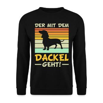 Dackel Geschenke | Lustiger Dackel Spruch - Unisex Pullover - Schwarz - Vorne - Alina (178cm) & Michal (187cm)
