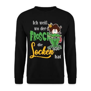 Ich weiß wo der Frosch die Locken hat - Unisex Pullover - Schwarz - Vorne - Alina (178cm) & Michal (187cm)