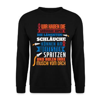 Feuerwehr lustige Sprüche Feuerwehrmann - Unisex Pullover - Schwarz - Vorne - Alina (178cm) & Michal (187cm)