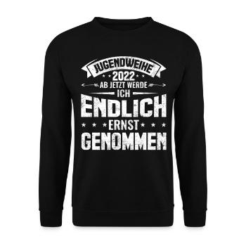 Jugendweihe 2022 | Jugendweihe Geschenk - Unisex Pullover - Schwarz - Vorne - Alina (178cm) & Michal (187cm)