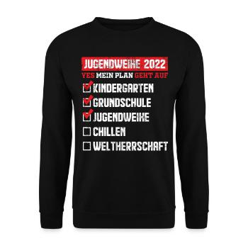 Jugendweihe 2022 Liste Check Geschenkideen - Unisex Pullover - Schwarz - Vorne - Alina (178cm) & Michal (187cm)