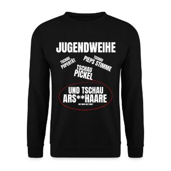 Jugendweihe 2021 | Lustiges Jugendweihe Geschenk - Unisex Pullover - Schwarz - Vorne - Alina (178cm) & Michal (187cm)