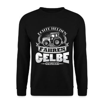 Echte helden fahren gelbe Felgen Trecker Bauernhof - Unisex Pullover - Schwarz - Vorne - Alina (178cm) & Michal (187cm)