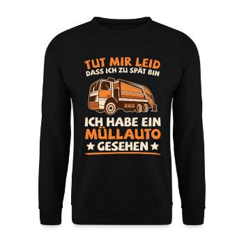 Müllauto Müllfahrzeug Müllmann Müllwagen Geschenk - Unisex Pullover - Schwarz - Vorne - Alina (178cm) & Michal (187cm)
