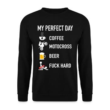 My Perfect Day Kaffee Motocross Dirtbike Bier Sex - Unisex Pullover - Schwarz - Vorne - Alina (178cm) & Michal (187cm)