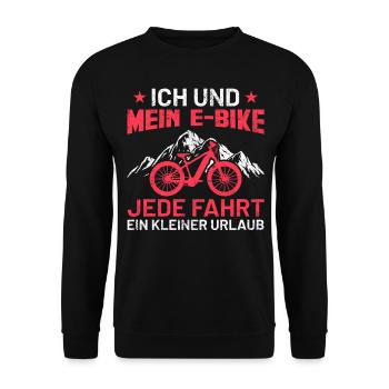 E-Bike | Lustiges Fahrradfahrer Sprüche Geschenk - Unisex Pullover - Schwarz - Vorne - Alina (178cm) & Michal (187cm)