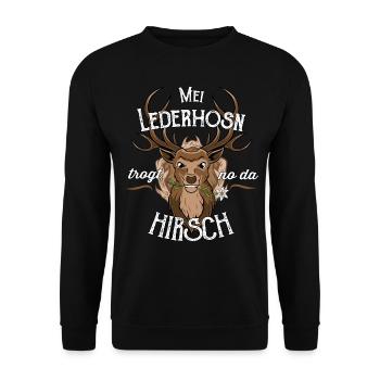 Mei Lederhosn trog no da Hirsch Ersatz Tracht - Unisex Pullover - Schwarz - Vorne - Alina (178cm) & Michal (187cm)