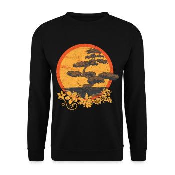 Blumen Bonsai Design mit Sonne - Unisex Pullover - Schwarz - Vorne - Alina (178cm) & Michal (187cm)