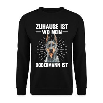 Zuhause ist wo mein Dobermann ist - Unisex Pullover - Schwarz - Vorne - Alina (178cm) & Michal (187cm)